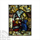 Medieval Swiss Stained Glass Panel with Virgin and Child. c.1520 A.D. A stained glass panel re-leaded with suspension loops for hanging at the top and...