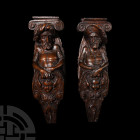 Stuart Period Oak Figural Bracket Pair. 17th century A.D. A matched pair of carved oak brackets, each with the capital from an Ionic column supported ...