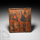Large Ethiopian Icon of the Virgin and Child Surmounted by Saints. 16th century A.D. A rectangular wooden panel with recess to one face, painted scene...