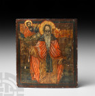 Greek Saint Onuphrius Icon. Late 17th century A.D. A Greek Orthodox icon formed as a rectangular wooden panel with slightly curved profile, one face w...