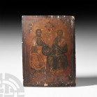 Greek Orthodox Icon of the New Testament Trinity. 17th century A.D. An Orthodox wooden icon with a slightly curved profile, polychrome painted scene d...