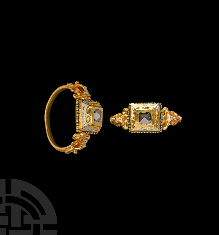 Tudor Enamelled Gold Ring with Diamond Crystal. 16th-17th century A.D. A Tudor o...