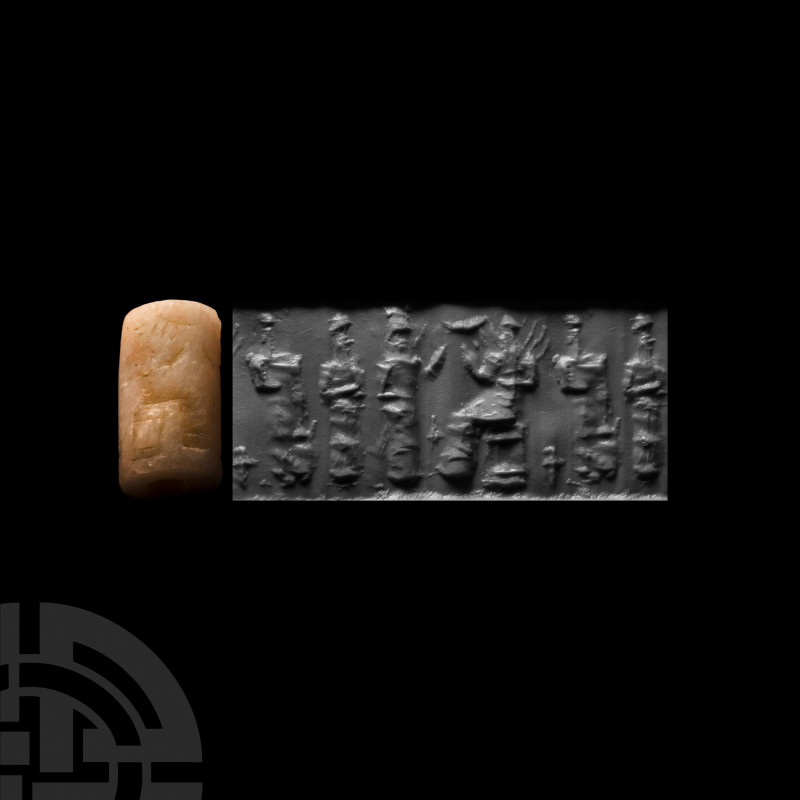 Mesopotamian Cylinder Seal with Worship Scene. 3rd-2nd millennium B.C. A chalced...