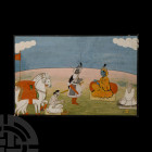 Framed Persian Watercolour Painting with Horseman. 19th-early 20th century A.D. A rectangular watercolour painting depicting a landscape with a troop ...