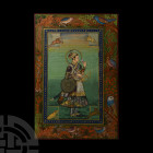 Framed Persian Watercolour Painting with Hero. 19th-20th century A.D. A rectangular manuscript page depicting a heroic figure in profile wearing a bel...