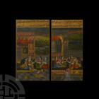 Framed Persian Watercolour Erotic Manuscript Leaf Pair with Courtyard Scenes. 19th-early 20th century A.D. A matched pair of manuscript leaves each wi...