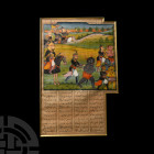 Framed Persian Watercolour Manuscript with Horsemen. 19th century A.D. A manuscript page depicting a group of horsemen capturing anthropomorphised ani...
