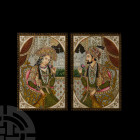 Framed Persian Jewelled Watercolour Painting Pair. 20th century A.D. A pair of watercolour paintings depicting: a nobleman in a courtly setting with d...