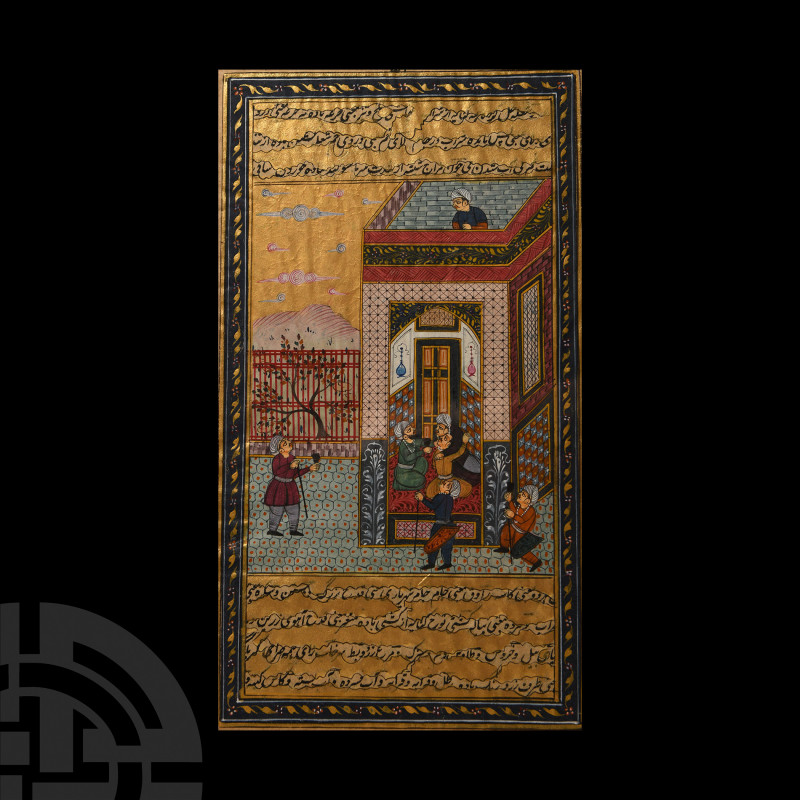 Framed Persian Watercolour Manuscript Leaf with Male Figures Engaged in Conversa...