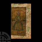 Framed Persian Watercolour Painting with Nobleman. 19th century A.D. A rectangular manuscript page with panel depicting a nobleman standing in a paved...
