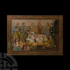 Framed Persian Watercolour Painting with Harem Scene. 19th century A.D. A watercolour painting of a group of revellers surrounding a divan with a rich...
