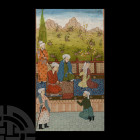 Framed Persian Watercolour Manuscript Leaf with Potentate and Attendants. 19th-early 20th century A.D. A rectangular manuscript leaf with watercolour ...