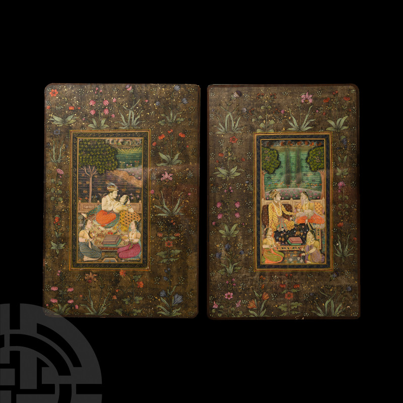 Framed Persian Erotic Watercolour Painting Pair with a Nobleman and Consorts. 19...