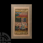 Framed Persian Watercolour Painting with Harem Scene. 19th-early 20th century A.D. A manuscript page with watercolour painting of a harem scene with k...
