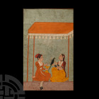 Framed Persian Watercolour Painting with Couple Holding a Rose-Ringed Parakeet. 19th-20th century A.D. A painting of a couple kneeling beneath a canop...