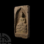 Chinese Northern Wei Buddha Brick. Northern Wei Dynasty, 386-534 A.D. A rectangular ceramic brick with ogival niché featuring a seated nimbate Buddha ...