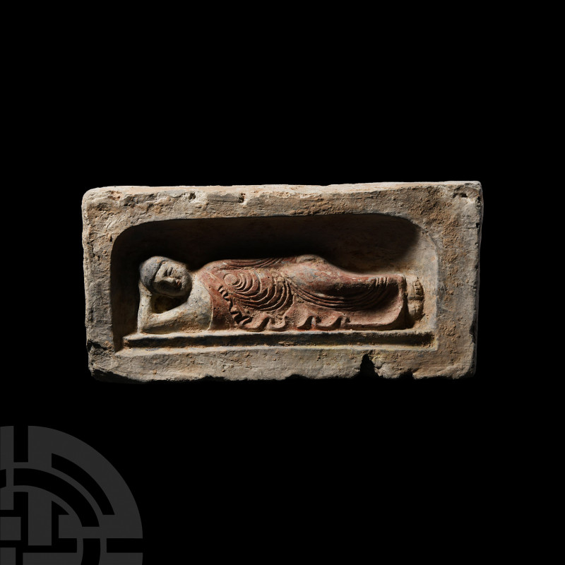 Chinese Wei Buddha Brick. Wei Dynasty, 534-550 A.D. A rectangular ceramic brick ...