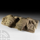 Habbari Sindh Double Lion Base. 9th-10th century A.D. A rectangular carved stone slab with two lions in high-relief, shown laying on their stomachs an...