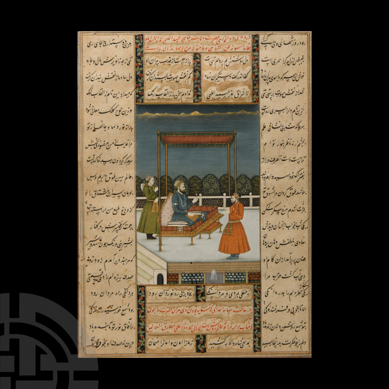 Framed Indian Watercolour Manuscript Leaf with Potentate and Attendant. 19th-ear...
