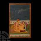 Framed Indian Erotic Watercolour Painting. 19th-early 20th century A.D. A watercolour painting of an erotic scene with two lovers on a divan; mounted ...