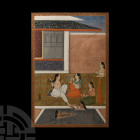 Framed Indian Watercolour Painting with Bathing Scene. 19th-early 20th century A.D. A watercolour painting of a noblewoman with female attendants wash...