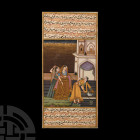 Framed Indian Watercolour Manuscript Leaf with Noble Ladies. 19th-early 20th century A.D. A rectangular manuscript page with watercolour scene of thre...