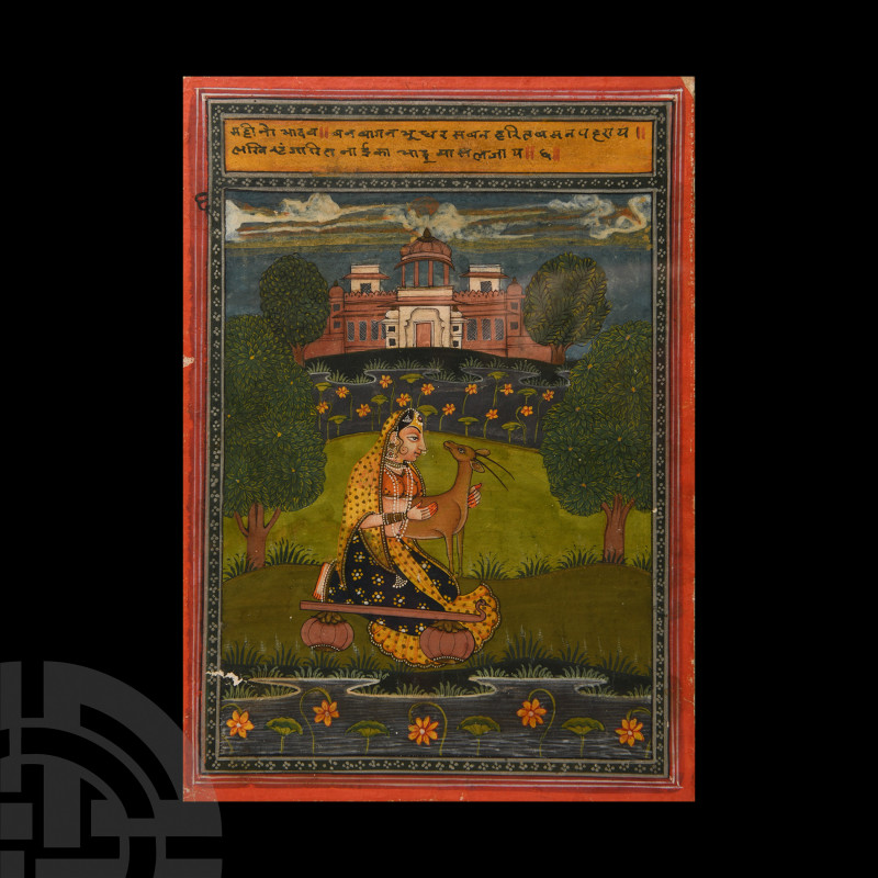 Framed Indian Watercolour Manuscript Leaf with Female Holding a Deer. 19th-early...