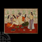 Indian Erotic Painting. 19th century A.D. A rectangular Delhi school panel with erotic scene of a harem with a naked nobleman coupling with a female a...