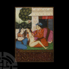 Framed Indian Erotic Painting. 19th century A.D. A rectangular Delhi school painted panel depicting a courtly setting with kneeling noblemen and two f...