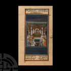 Framed Indian Watercolour Manuscript Leaf with Courtly Scene. 19th-early 20th century A.D. A manuscript leaf in a glazed wooden frame to allow inspect...