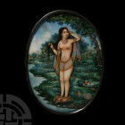 Framed Indian Erotic Painting. 19th century A.D. An ellipsoid Delhi school plaque with hand-painted scene of a youthful nude female washing her hair b...