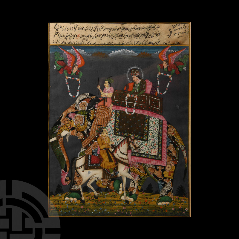 Framed Indian Watercolour Manuscript Leaf with Elephant. 19th-early 20th century...