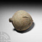 Large Byzantine Greek Fire Grenade or Fire Bomb. 9th-11th century A.D. A piriform ceramic vessel intended to be filled with explosive liquid and wick,...