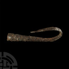 Viking Impacted Spearhead. 9th-11th century A.D. An iron spearhead comprising a slender leaf-shaped blade and tapering socket, pierced for attachment ...
