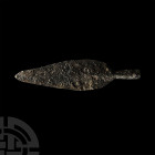 Viking Socketted Spearhead. 9th-11th century A.D. An iron spearhead with a leaf-shaped blade, shallow midrib to both faces and a short, round-section ...