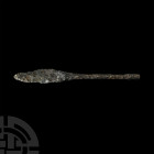 Viking Long Socketted Spearhead. 9th-11th century A.D. An iron socketted spearhead composed of a leaf-shaped blade and tapering round-section socket. ...