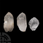Large Quartz Point Specimen Group. A group of three clear quartz crystal points. 970 grams total, 8.2-11.4 cm (3 1/4 - 4 1/2 in.) Mineral Imports, Lon...