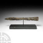 Viking Socketted Spearhead. 9th-11th century A.D. An iron spearhead composed of a leaf-shaped blade and tapering, round-section socket, pierced for at...