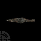 Viking Socketted Spearhead. 9th-11th century A.D. An iron spearhead composed of a leaf-shaped blade and round-section socket. 109 grams, 20.5 cm (8 in...