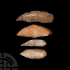 Stone Age Neolithic or Earlier Flint Blades. 6th-3rd millennium B.C. A mixed group of four worked flint implements. 56.5 grams total, 55-79 mm (2 - 3 ...
