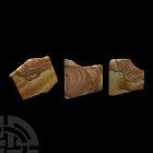 Sandstone 'Landscape' Stone Panels. A group of three irregular 'picture sandstone' slabs with the layers picked out in iron oxide minerals displaying ...