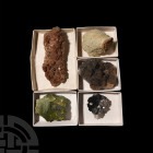Mixed Mineral Specimen Collection. A group of four mineral specimens together with a fossil sponge; each held in a white card collector's tray. 1.1 kg...