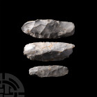 Stone Age Knapped Flint Axehead Collection. Mesolithic, 30,000-10,000 B.P. A group of three flint axeheads. 390 grams total, 10.5-14 cm (4 - 5 1/2 in....