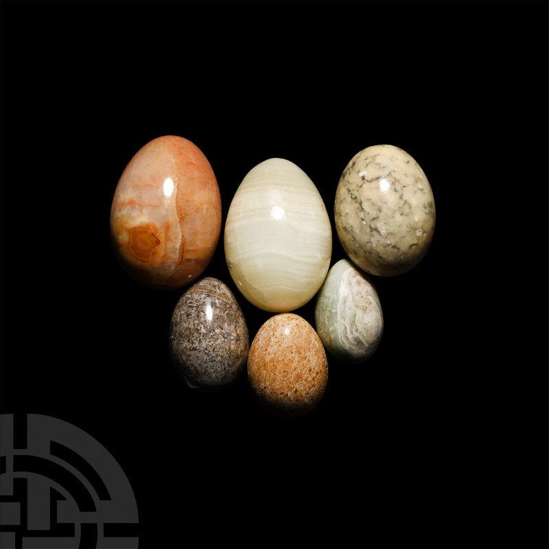 Polished Mineral Specimen Egg Collection. A group of six mineral specimen eggs i...