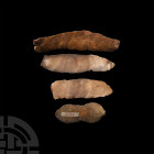 Stone Age Neolithic or Earlier Flint Blades. 6th-3rd millennium B.C. A mixed group of four worked flint implements, including two with handwritten lab...