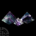 Fluorite Pyramid Set. A group of three graduated cut and polished fluorite pyramids; each held in a white card collector's tray. 257 grams total, 29-4...
