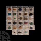 Mixed Crystal Gemstone Collection. A mixed group of twenty-eight crystal and gemstone specimens, each held in a plastic collector's box, including: ob...