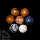 Polished Mineral Sphere Group. A group of seven polished mineral spheres. 640 grams total, 40 mm (1 1/2 in.) Mineral Imports, London, UK. Gregory, Bot...