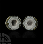 Cut and Polished Amethyst Crystal Geode Pair. A pair of cut and polished amethyst geode halves, displaying crystals to the exposed inner surfaces. 1.4...