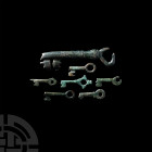 Medieval and Later Key Collection. 12th century A.D. and later. A mixed group of bronze keys of various types and sizes. 82 grams total, 33-95 mm (1 1...